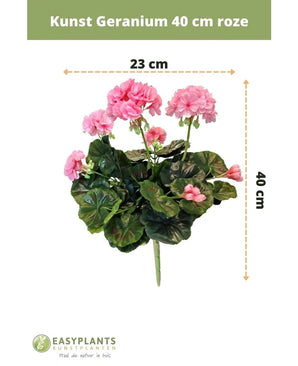 Géranium artificiel 40 cm rose à feuilles vertes, 23 cm de large. Montré sur un fond blanc avec des étiquettes de taille et le logo Easyplants Kunstplanten en bas.