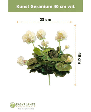 Géranium artificiel 40 cm blanc : plante artificielle aux feuilles vertes, hauteur 40 cm et largeur 23 cm, joliment mise en valeur sur un fond blanc aux dimensions claires.