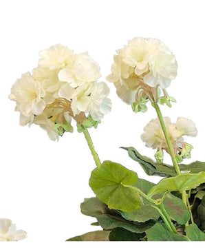 Le géranium artificiel blanc de 40 cm a des fleurs de couleur crème claire avec des tiges et des feuilles vertes sur un fond blanc - un bel ajout à toute collection de fleurs artificielles.