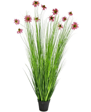 Le gazon artificiel chrysanthème 180 cm ignifuge est une plante artificielle en pot avec de hautes et fines feuilles vertes ressemblant à de l'herbe et des fleurs de chrysanthème roses sur de longues tiges, représentées sur un fond blanc.