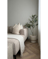 Een moderne woonkamer met een beige sofa, structuurkussens, een witte deken met franjes en een Kunst Olijfboom 120 cm als decoratief element naast een raam met witte gordijnen op een lichte vloer met visgraatmotief.