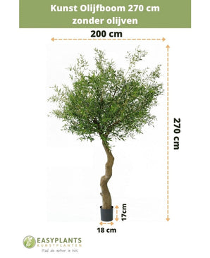 Kunst Olijfboom 270 cm zonder olijven in pot, totaal 270 cm hoog en 200 cm breed. Pot is geschikt voor sierpotten, hoogte 17 cm, diameter 18 cm. Nederlandse tekst boven/onder toont maten en branding.