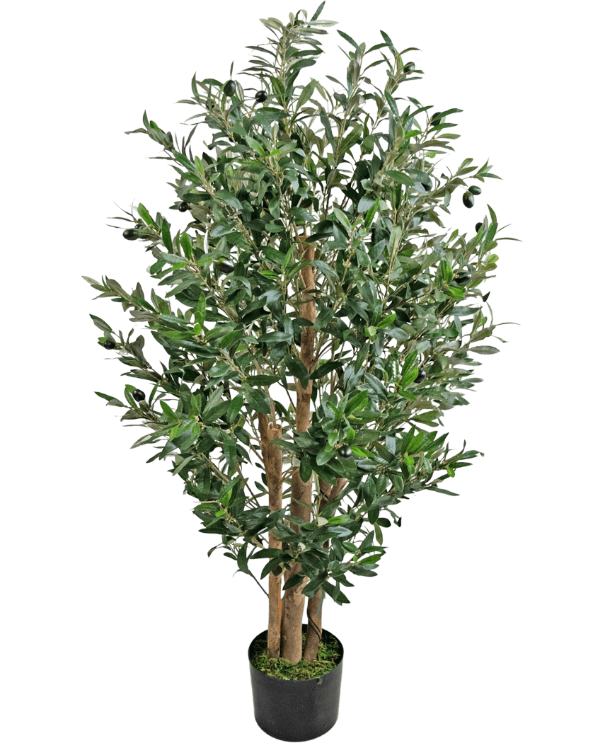 L'Olivier Artificiel 120 cm UV est un grand olivier artificiel avec plusieurs troncs en bois et des feuilles vertes denses dans un petit pot noir.