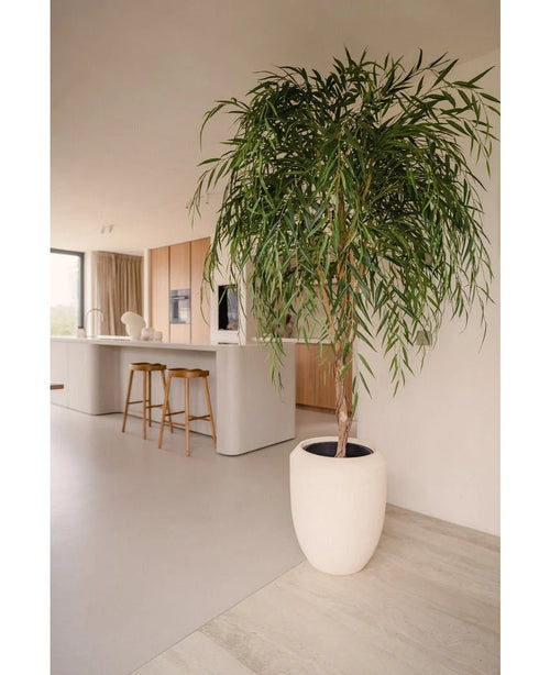 Un saule artificiel de 210 cm aux feuilles longues et minces ajoute de la verdure à une cuisine moderne avec des armoires en bois clair, un îlot blanc et des tabourets de bar en bois. La lumière du soleil provenant de la fenêtre souligne sa présence dans cet espace minimaliste.