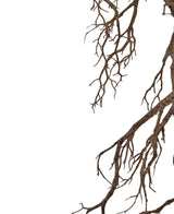 La branche Art decoration 118 cm s'étend en haut à droite sur un fond blanc, de fines branches sans feuilles, formant un motif naturel complexe avec un espace négatif sur la gauche.