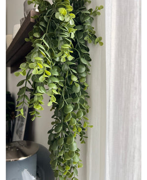 Un gros plan de la plante artificielle suspendue Pancake 61 cm, une plante à feuilles vertes rampantes suspendue à une planche de bois près d'un rideau blanc translucide, avec une partie d'un vase gris foncé en dessous.