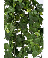 Gros plan de feuilles denses et vertes avec nervures et tiges visibles sur la plante suspendue de lierre artificiel 125 cm ignifuge, sur un fond blanc uni.