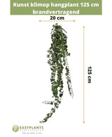 La plante suspendue Lierre artificiel 125 cm ignifuge est représentée sur un fond blanc avec des indications de taille et le logo Easyplants Kunstplanten en bas.