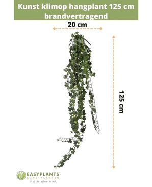 La plante suspendue Lierre artificiel 125 cm ignifuge est représentée sur un fond blanc avec des indications de taille et le logo Easyplants Kunstplanten en bas.