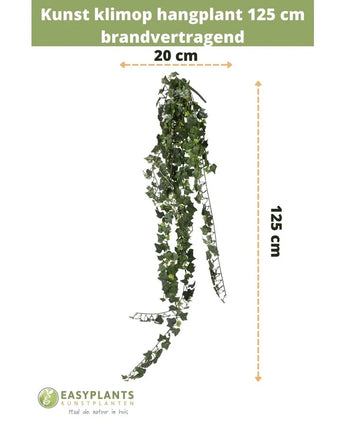 La plante suspendue Lierre artificiel 125 cm ignifuge est représentée sur un fond blanc avec des indications de taille et le logo Easyplants Kunstplanten en bas.