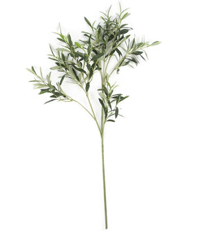 La Feuille d'Olivier Artificielle 90 cm UV possède une seule tige verte avec de multiples branches et des feuilles allongées et étroites, qui évoquent une ambiance méditerranéenne sur fond blanc.