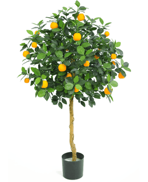 L'Oranger artificiel 120 cm possède un tronc unique torsadé, des feuilles vertes denses et des fruits orange vif. L'arbre en plastique inaltérable est joliment présenté sur un fond blanc.