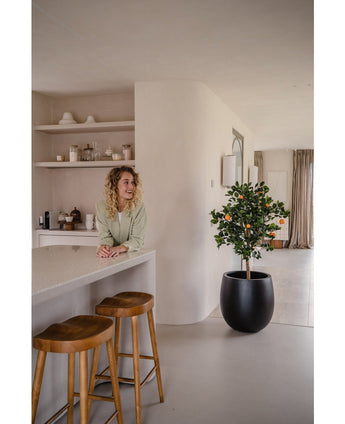 Une femme aux cheveux blonds bouclés sourit derrière un comptoir avec deux tabourets en bois. L'Oranger artificiel 120 cm en pot ajoute du charme à l'espace moderne et minimaliste décoré dans des tons neutres.