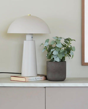 Une lampe blanche moderne repose sur deux livres empilés les uns sur les autres à côté de l'Art Pumila "Silver" en pot UV 25 cm sur un meuble avec dessus en marbre contre un mur de couleur claire.