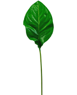 La Feuille Verte Artificielle 90 cm est une seule feuille artificielle verte brillante avec des nervures proéminentes et une tige longue et mince, représentée isolée sur un fond blanc.