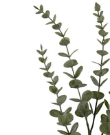 Trois tiges de fleurs artificielles d'Eucalyptus Yugali (71 cm) avec des feuilles vertes rondes, disposées en diagonale sur un fond blanc.