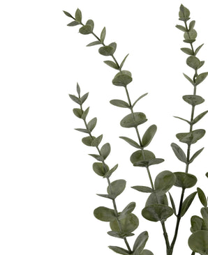 Trois tiges de fleurs artificielles d'Eucalyptus Yugali (71 cm) avec des feuilles vertes rondes, disposées en diagonale sur un fond blanc.