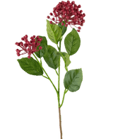 Une seule fleur d'hortensia artificielle de 55 cm de tige rose foncé avec des feuilles vertes et deux bouquets de petits boutons ronds rose foncé sur un fond blanc uni.