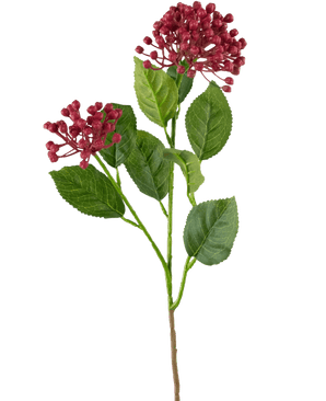 Une seule fleur d'hortensia artificielle de 55 cm de tige rose foncé avec des feuilles vertes et deux bouquets de petits boutons ronds rose foncé sur un fond blanc uni.