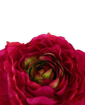 Gros plan de la fleur artificielle Ranunculus 51 cm rose foncé, avec des pétales artificiels rose foncé vibrant et des accents centraux verts, sur un fond blanc uni.
