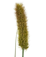 Un gros plan du gazon artificiel Matsutake Onion Grass Pot 90 cm ignifuge montre une sétaire artificielle verte, dense et touffue avec des épillets épineux et des graines groupées sur une seule tige verticale sur un fond blanc.