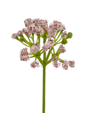 Un gros plan du gazon artificiel poireau fleur oignon herbe bonsaï 61 cm ignifuge : une seule tige verte avec des bouquets de petites fleurs artificielles rose clair en groupes en forme de parapluie, sur un fond blanc.