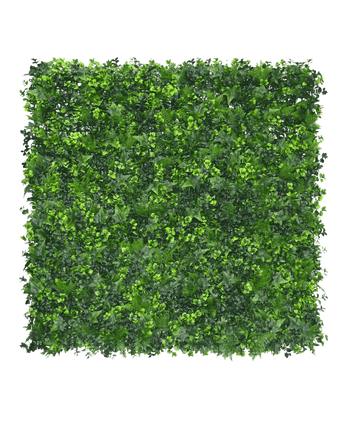 De Kunsthaag mat mix 50x50 cm heeft dicht, kunstmatig groen gebladerte in verschillende tinten, netjes gerangschikt om een levendig greenwall effect te creëren tegen een effen witte achtergrond.