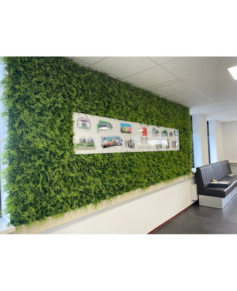 Un mur recouvert de tapis verts artificiels de 50x50 cm de fougères/conifères artificiels présente au centre une exposition animée de photos et d'illustrations, tandis que de l'autre côté de cette pièce lumineuse et moderne se trouvent d'élégantes chaises noires.