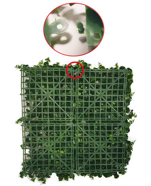 Haie artificielle 4 panneaux emboîtables Savanne 100x100 cm avec verdure artificielle protégée contre les UV, vue du dessus. Un encart montre le clip de connexion et le trou de montage. Idéal pour une utilisation avec une jardinière en plastique Ø100.