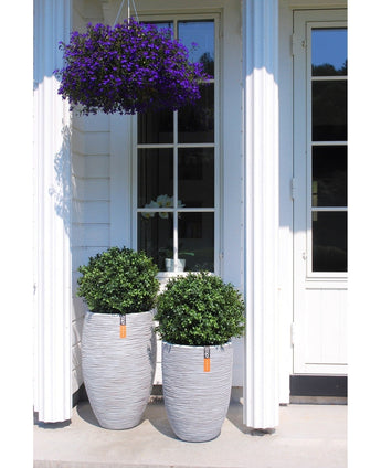 Deux buis artificiels sur tige UV de 40 cm ronds, structurés gris avec des arbustes verts se trouvent sur une véranda devant une fenêtre et une porte. Au-dessus, un panier suspendu avec de petites fleurs violettes décore la maison blanche à colonnes.