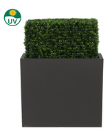 La haie de buis artificiel UV 70x20x50 cm est une haie de buis en plastique vert rectangulaire protégée contre les UV dans un bac haut et noir, représentée sur un fond blanc avec une icône UV qui souligne sa résistance au soleil.