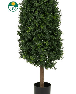 La Plante Artificielle Buis Pyramide UV 120 cm possède des feuilles vertes denses dans un pot noir. Dans le coin supérieur gauche se trouve un symbole de protection UV sur fond blanc.