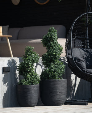 Deux plantes topiaires artificielles en spirale de buis de style romain UV de 120 cm dans des jardinières texturées noires se trouvent à l'extérieur sur une marche en béton, avec une chaise à bascule moderne et un canapé beige visibles à l'arrière-plan.