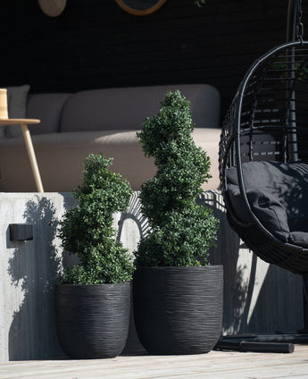 Deux plantes topiaires artificielles en spirale de buis de style romain UV de 120 cm dans des jardinières texturées noires se trouvent à l'extérieur sur une marche en béton, avec une chaise à bascule moderne et un canapé beige visibles à l'arrière-plan.