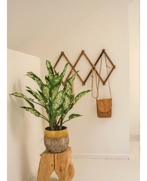 Une plante artificielle Dieffenbachia UV 75 cm dans un pot élégant se dresse sur un tabouret en bois rustique dans une pièce minimaliste. Derrière, un porte-manteau dépliable en bois accueille un sac en cuir marron et une chaîne murale.