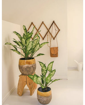 Deux plantes artificielles Dieffenbachia UV 75 cm avec des feuilles colorées sont dans des pots décoratifs jaunes et en pierre - une sur un tabouret en bois, une au sol. Derrière eux, un sac en cuir marron est accroché à un support mural en accordéon en bois dans cet espace lumineux et minimaliste.