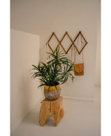 La Plante Artificielle Dracaena Reflexa en pot UV 63 cm décore une pièce minimaliste aux murs blancs, posée sur un tabouret en bois naturel. Une étagère murale en bois à l'arrière accueille un petit sac marron et des tissus crème pour un intérieur tropical.