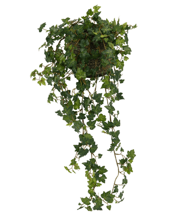 Le Lierre Artificiel Deluxe Vert 90 cm est un panier suspendu avec des vignes de lierre vert luxuriantes qui cascadent élégamment sur un fond blanc.