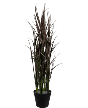 Le gazon artificiel Bordeaux UV 90 cm est une grande plante artificielle aux feuilles longues et étroites, vert foncé et marron, dressées verticalement dans un pot noir, sur un fond blanc uni.