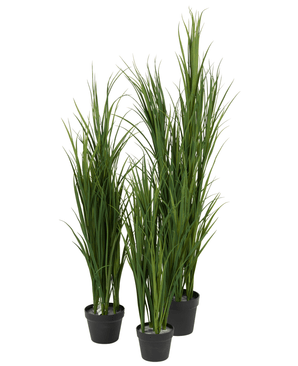Quatre plantes artificielles de gazon artificiel vert UV de 150 cm, chacune dans un pot noir, ont de hautes et fines feuilles vertes dressées et sont rapprochées sur un fond blanc.