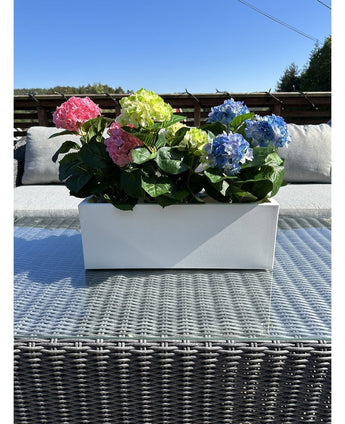 La Plante Artificielle Hortensia Rose UV 35 cm, une jardinière rectangulaire blanche avec des hortensias roses, est posée à l'extérieur sur une table en osier avec un plateau en verre, des coussins gris et un ciel bleu en fond.