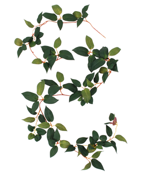 L'image montre la guirlande Art Tradescantia Green 180 cm en forme de S, avec des feuilles vertes et de fines tiges rougeâtres sur un fond blanc.