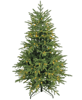 Le Sapin de Noël Artificiel "Åsmund" PE/PVC - Smart LED est un sapin artificiel vert avec un pied en métal noir, équipé de petites lumières blanc chaud uniformément réparties et sans ornements ni cime d'arbre.