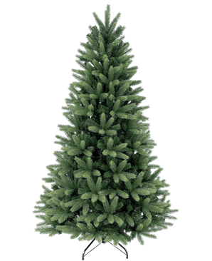 Le Sapin de Noël Artificiel "Weideman" PE/PVC est plein et vert sur un support en métal sur fond blanc uni, prêt à installer vos décorations de Noël préférées.