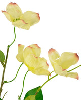 Het Kunstkornoelje Real Touch Lichtgeel 74cm heeft een steel met drie lichtgele, licht gegroefde bloemen met roze uiteinden en een paar groene blaadjes, afgebeeld tegen een witte achtergrond.