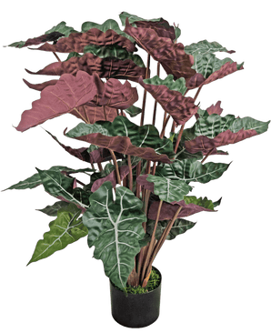 La plante artificielle Alocasia 100 cm vert/rouge a de grandes feuilles vert foncé avec des nervures blanches proéminentes et un dessous rouge-violet, présentées dans un pot noir.