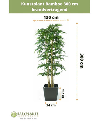 Plante artificielle Bambou 300 cm ignifuge dans un pot noir (300 cm de haut, 130 cm de large ; pot : 24 cm de large, 18 cm de haut). Le texte et les flèches de mesure indiquent clairement les dimensions de cette plante artificielle élégante.