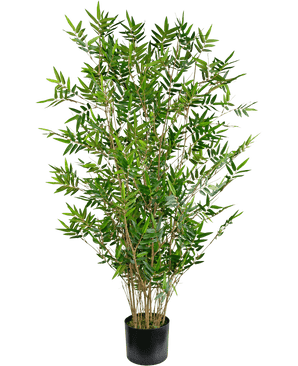 La Plante Artificielle Bamboo Deluxe 120 cm est un grand bambou artificiel avec de multiples tiges fines et de fines feuilles vertes, présenté dans un simple pot noir sur un fond blanc uni.