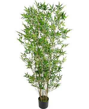 La Plante Artificielle Bamboo Deluxe 150 cm est une grande plante de bambou en pot avec de fines feuilles vertes et plusieurs tiges fines, photographiée sur un fond blanc uni.