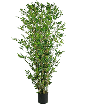 De Kunstplant Bamboe Deluxe 180 cm is een hoge kunstbamboeplant met meerdere slanke groene bladeren en dunne stengels, gepresenteerd in een pot tegen een effen witte achtergrond.